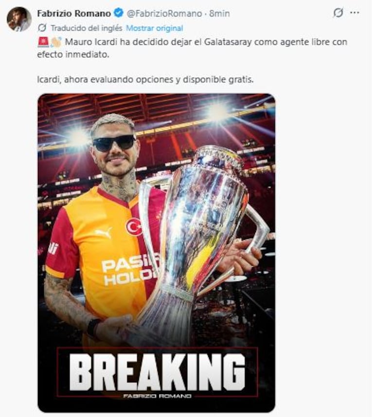 La noticia confirmada de la salida de Mauro Icardi del Galatasaray (Foto: X.com @frabrizioromano)