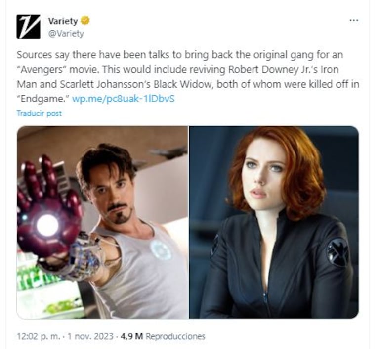 La noticia sobre el posible regreso de Robert Downey Jr. y a Scarlett Johansson a Marvel la dio Variety (Foto: X / @variety)