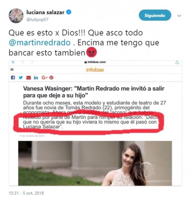 La noticia sobre Redrado que enfureció a Luciana Salazar: "¿Qué es esto, Martín? Qué asco todo"