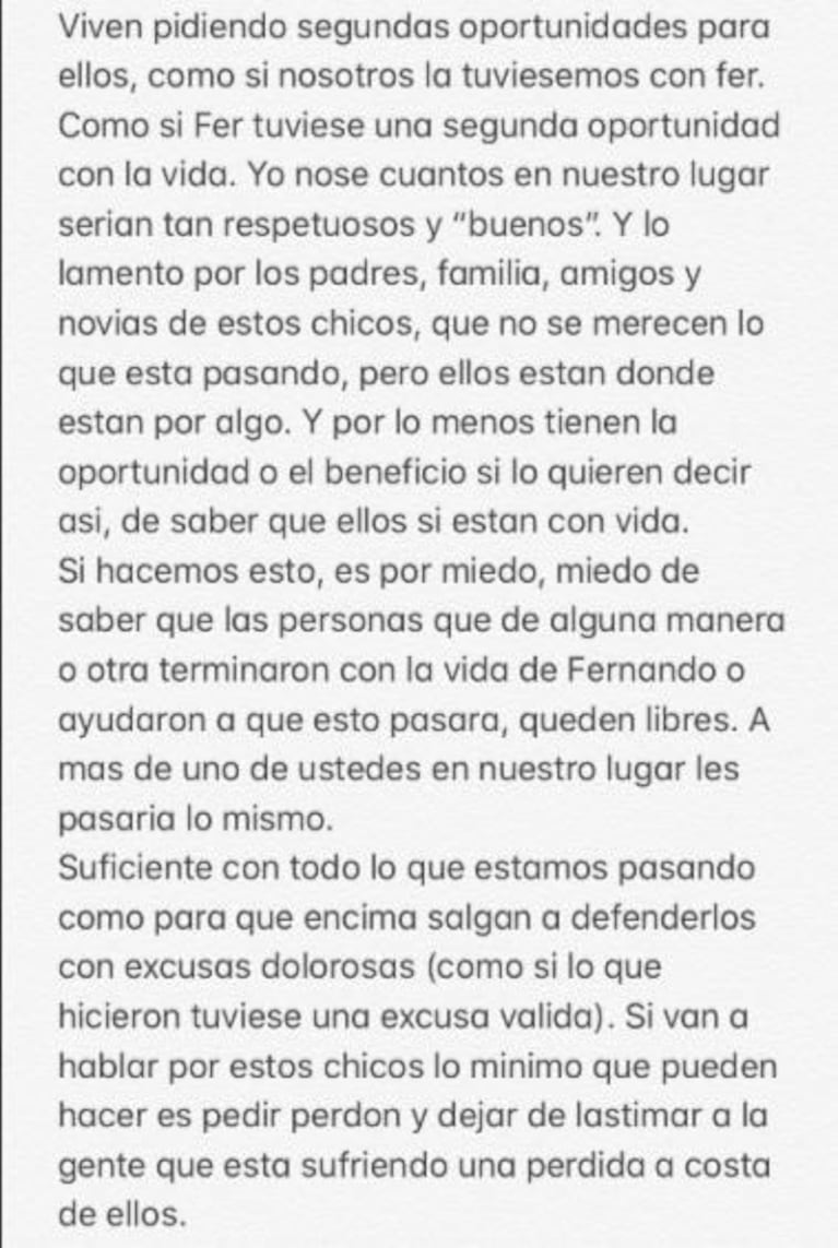 La novia de Fernando Báez Sosa se defendió de las críticas: "Jamás pedí que les hagan cosas en la cárcel"