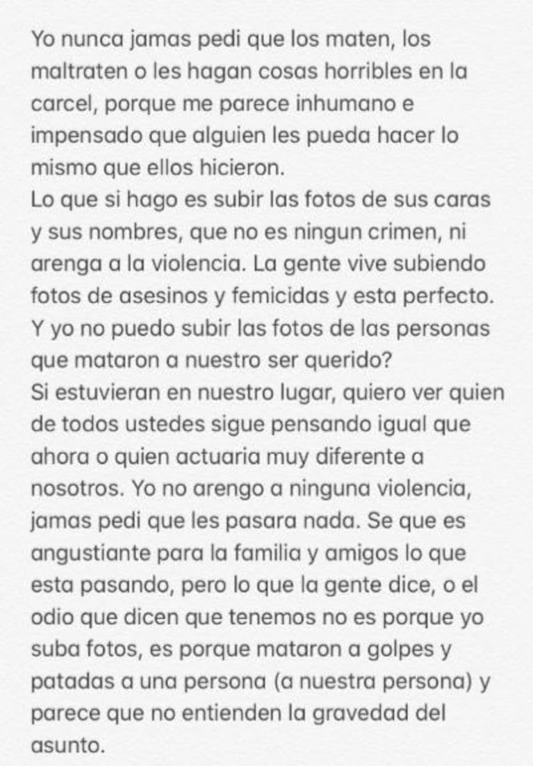 La novia de Fernando Báez Sosa se defendió de las críticas: "Jamás pedí que les hagan cosas en la cárcel"