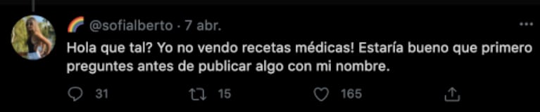 La novia de Julián Serrano salió al cruce luego de que la acusaran de vender recetas médicas: "Preguntá antes de publicar algo"