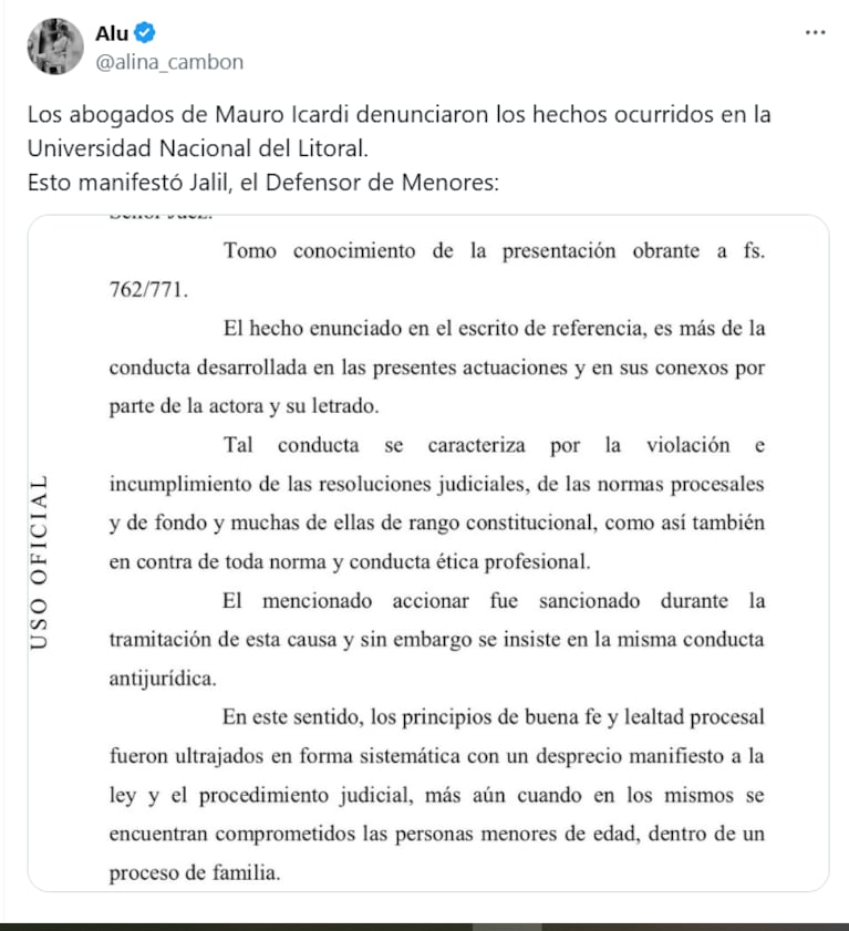 La nueva denuncia de Mauro Icardi contra Wanda Nara (Foto: captura de X/@alina_cambon).