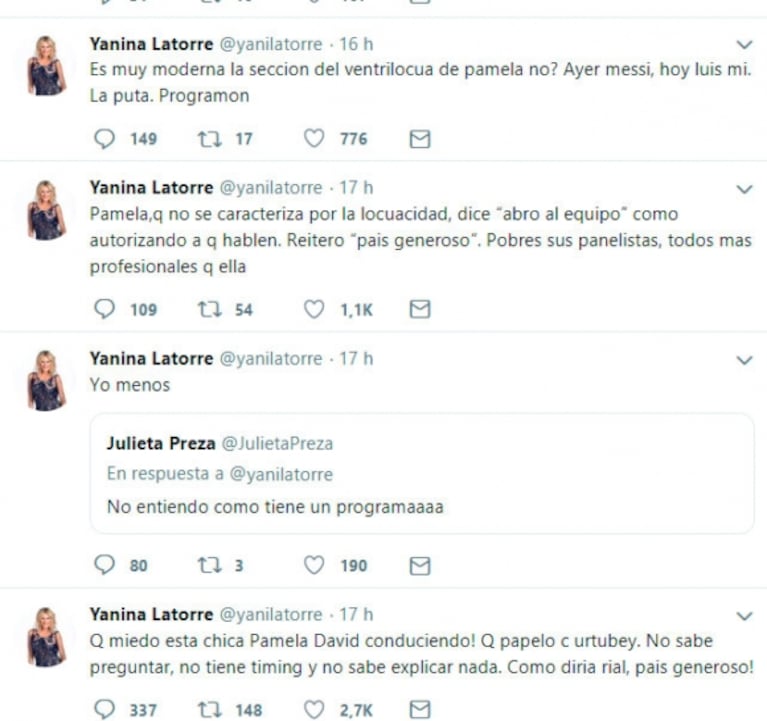 La nueva y despiadada crítica de Yanina Latorre a Pamela David: "¡Qué miedo esta chica! No sabe ni preguntar"