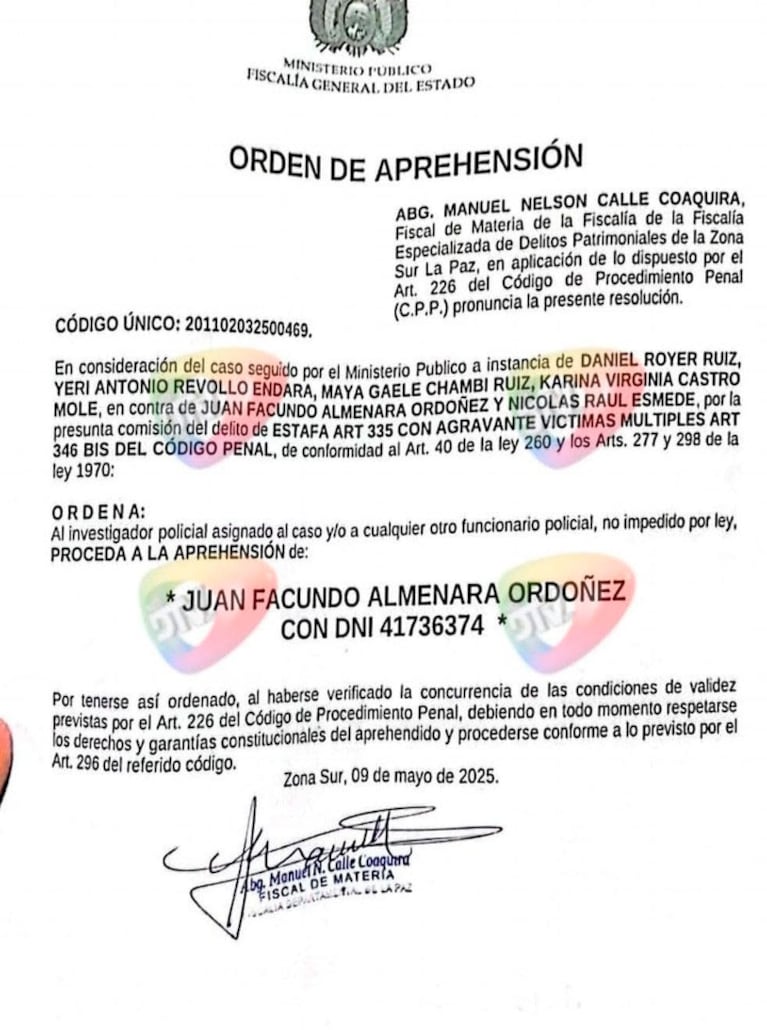 La orden de detención boliviana contra Luck Ra.