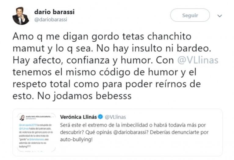 La palabra de Darío Barassi, luego de que acusaran a Verónica Llinás de hacerle bullying por llamarlo "gordo" 