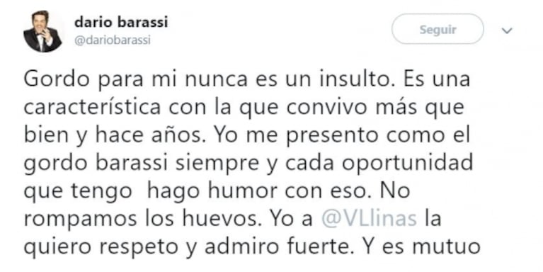 La palabra de Darío Barassi, luego de que acusaran a Verónica Llinás de hacerle bullying por llamarlo "gordo" 
