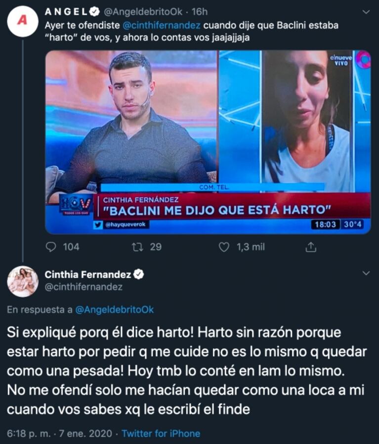 La picante frase de Ángel de Brito en medio de su cruce con Cinthia Fernández en Twitter: “Estoy harto” 
