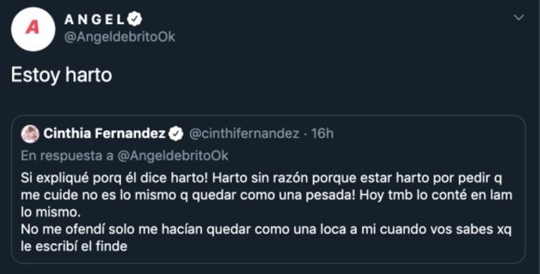 La picante frase de Ángel de Brito en medio de su cruce con Cinthia Fernández en Twitter: “Estoy harto” 