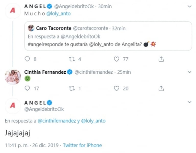 La picante reacción de Cinthia Fernández luego de que De Brito postulara a Loly Antoniale como su angelita