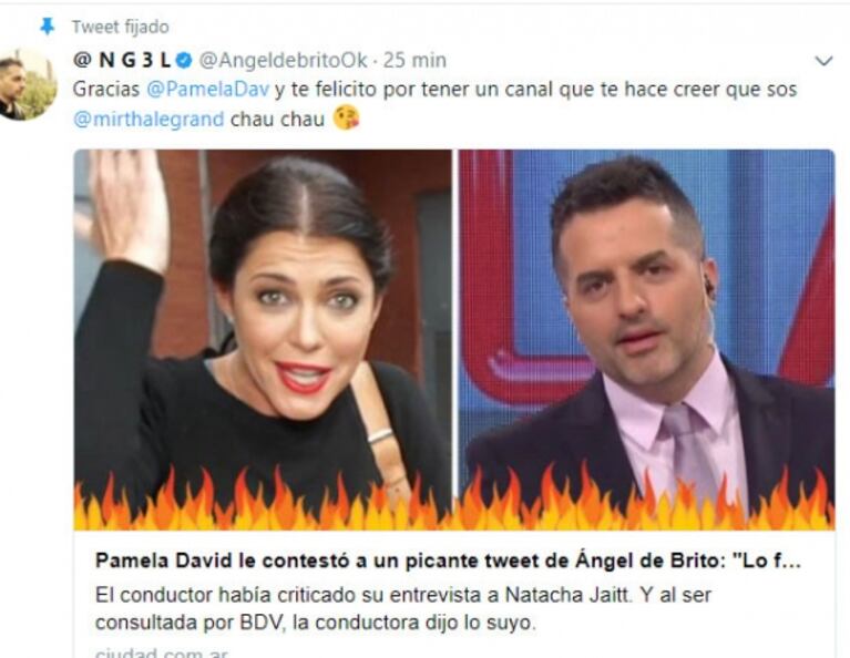La picante respuesta de Ángel de Brito a Pamela David: "Te felicito por tener un canal que te hace creer que sos Mirtha Legrand"