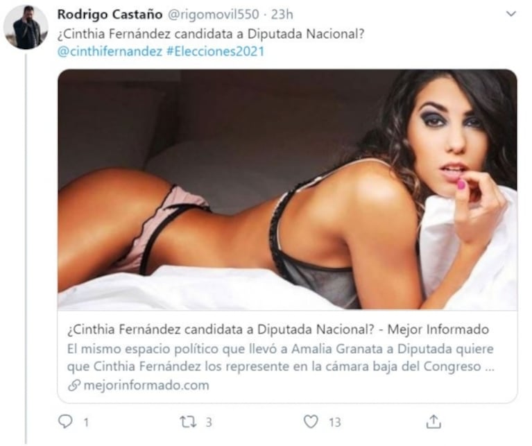 La picante respuesta de Cinthia Fernández a un seguidor que cuestionó su posible candidatura política: "Tranqui, nabo, puedo mostrar el culo y pensar a la vez"