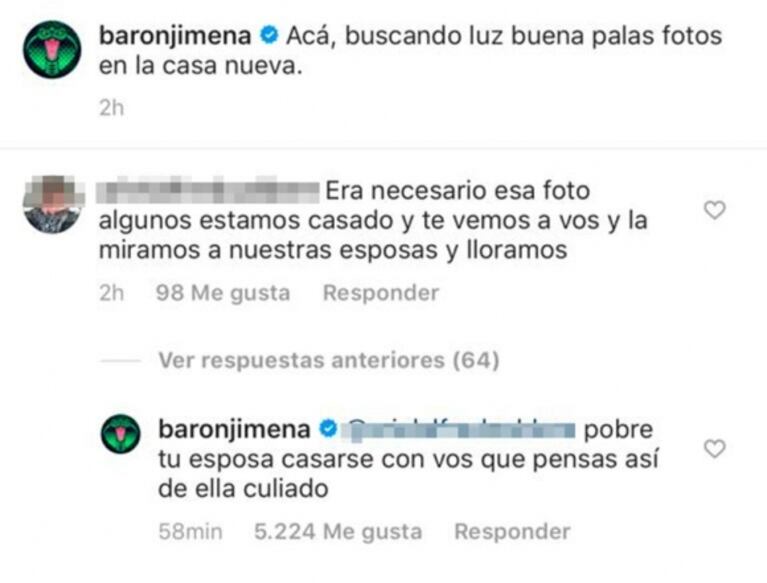 La picante respuesta de Jimena Barón a un seguidor que criticó a su pareja para elogiarla: "Pobre tu esposa"