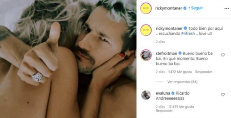 La pícara frase de Stefi Roitman luego de que Ricky Montaner subiera una foto en la cama: "¿En qué momento?"