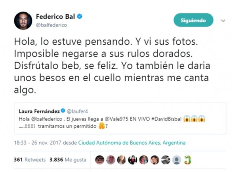 La pícara respuesta de Fede Bal ante el pedido de Laurita Fernández de tener un "permitido" con David Bisbal: "Lo estuve pensando, vi sus fotos y es imposible negarse a sus rulos dorados"