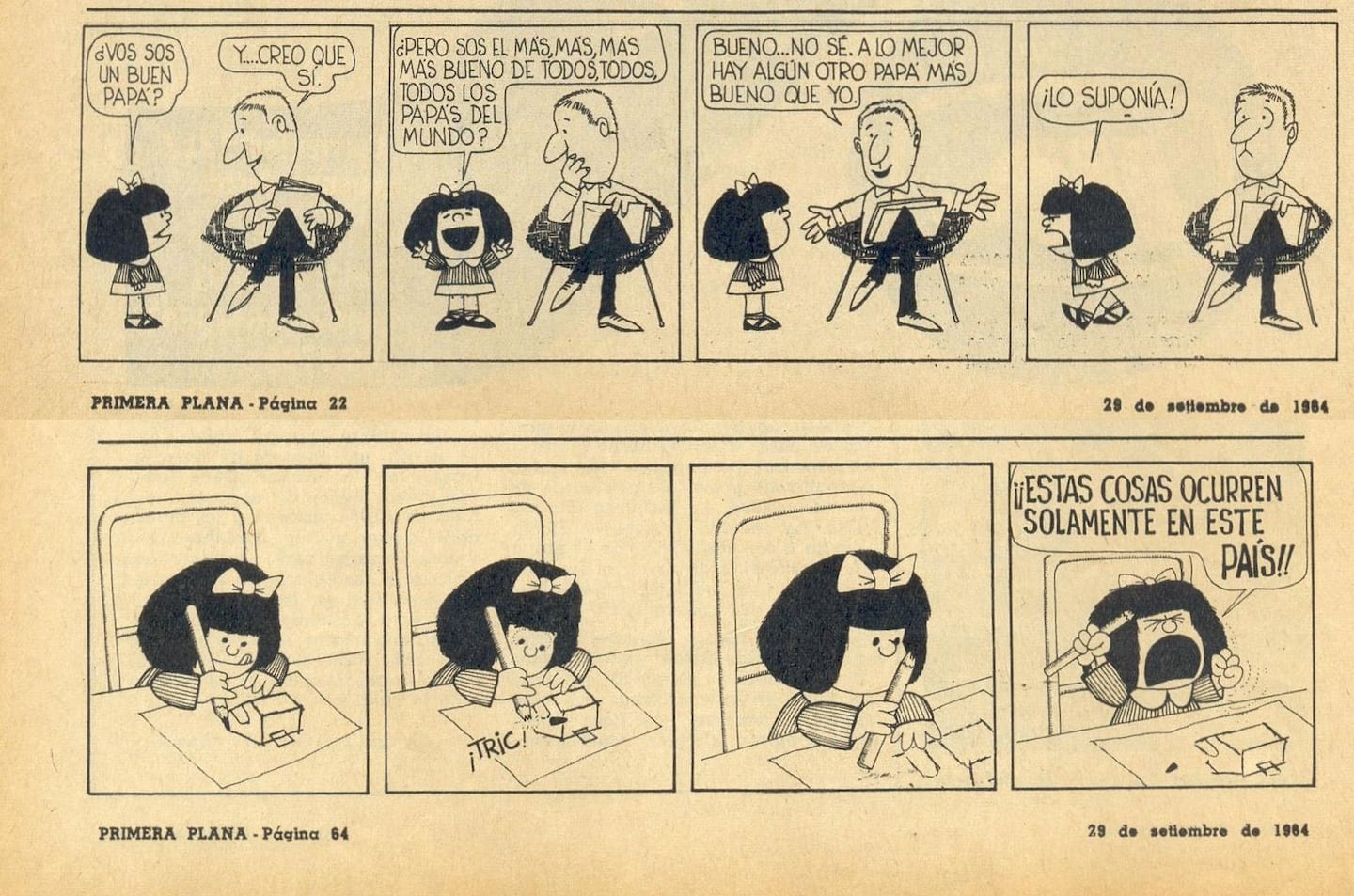 La primera aparición de Mafalda, el 29 de septiembre de 1964 en la revista Primera Plana.