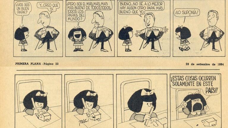 La primera aparición de Mafalda, el 29 de septiembre de 1964 en la revista Primera Plana.