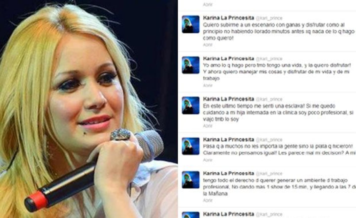 La Princesita Karina y su catarata de tweets. (Fotos: Web y Twitter @kari_prince)