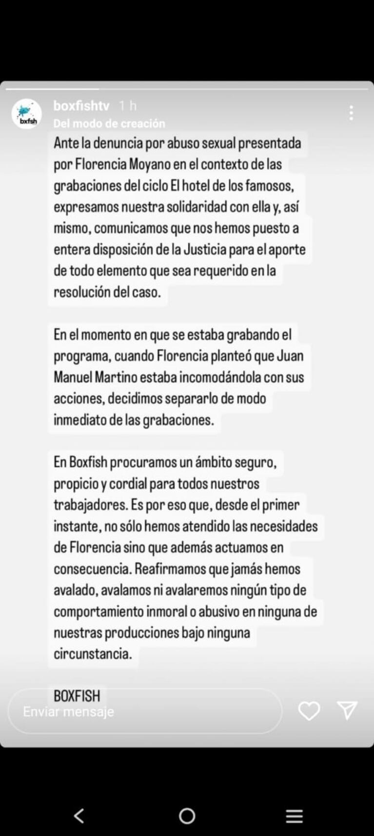 La productora de El Hotel de los Famosos 2 sacó un comunicado tras la denuncia de Flor Moyano contra Juan Martino
