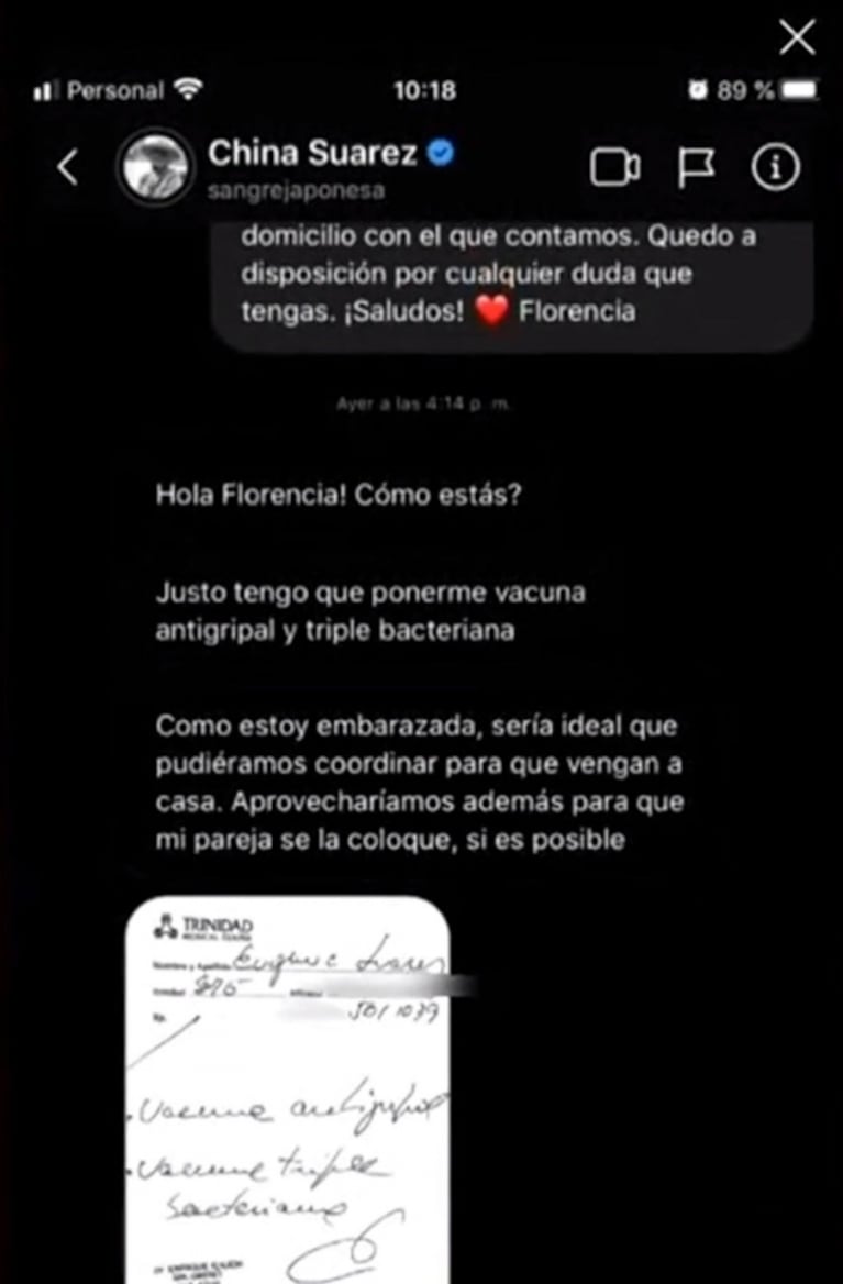 La prueba de la confirmación del embarazo de China Suárez: el mensaje que le habría enviado a un vacunatorio