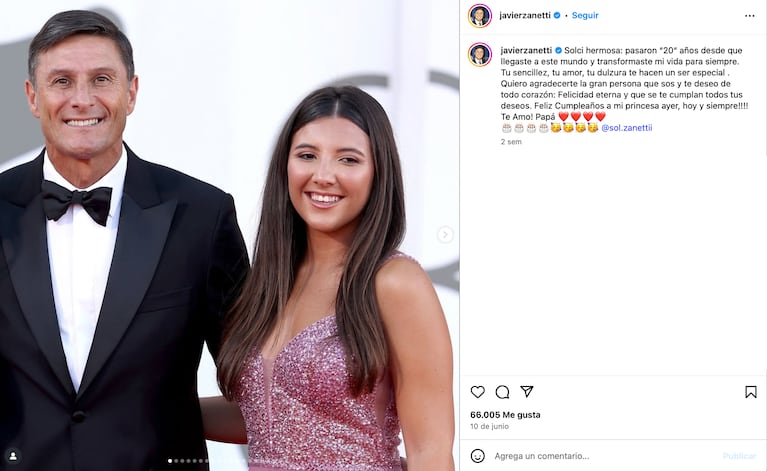 La publicación de Javier “Pupi” Zanetti por el cumpleaños de Sol (Foto: Instagram @javierzanetti)