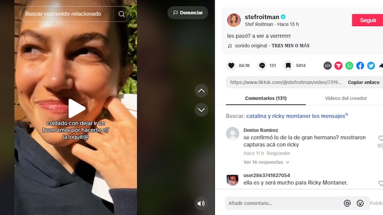 La publicación de Stefi Roitman que despertó rumores de crisis con Ricky Montaner. (Foto: Captura TikTok/stefroitman)