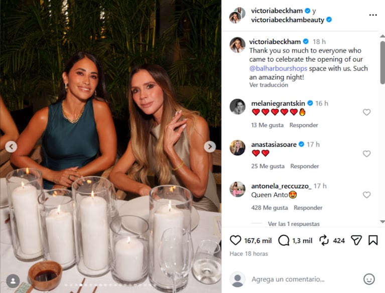 La publicación de Victoria Beckham en Instagram, donde agradeció a los presentes por acompañarla en la apertura de su espacio en Bal Harbour Shops. Fuente: Instagram @victoriabeckham