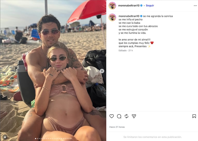 La publicación que hizo Morena Beltrán por el cumpleaños de Lucas Blondel (Foto: Instagram @morenabeltran10)