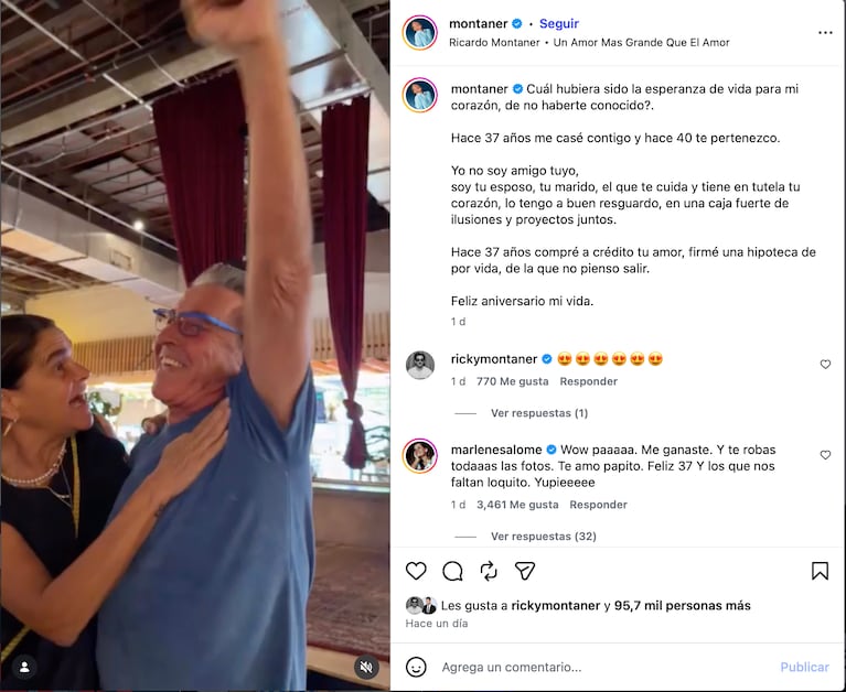 La publicación que Ricardo Montaner le dedicó a Marlene en su aniversario (Foto: Instagram @montaner)