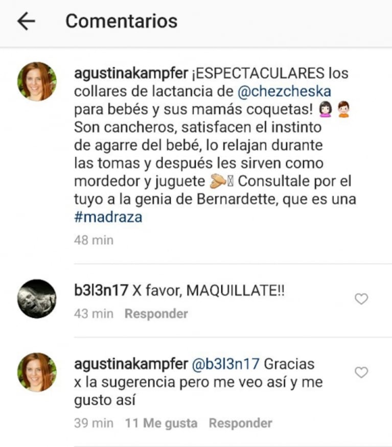 La reacción de Agustina Kämpfer cuando la criticaron por un video al natural: "Gracias por la sugerencia pero me veo así y me gusto así"