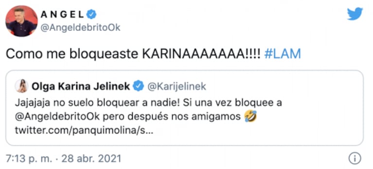 La reacción de Ángel de Brito luego de que Karina Jelinek revelara que lo bloqueó en las redes sociales: "Karinaaaa"