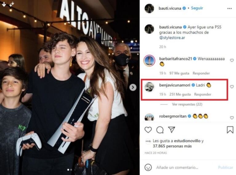 La reacción de Benjamín Vicuña a una foto de su hijo Bautista junto a Pampita: "Ladri"