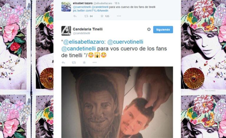 La reacción de Candelaria Tinelli al ver la cara de su papá tatuada en una fan (Foto: Twitter). 