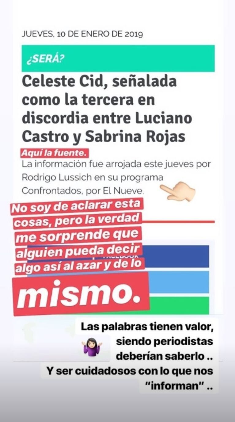 La reacción de Celeste Cid tras ser señalada en TV como supuesta tercera en discordia entre Luciano Castro y Sabrina Rojas