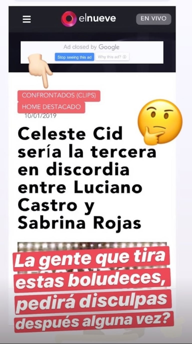 La reacción de Celeste Cid tras ser señalada en TV como supuesta tercera en discordia entre Luciano Castro y Sabrina Rojas