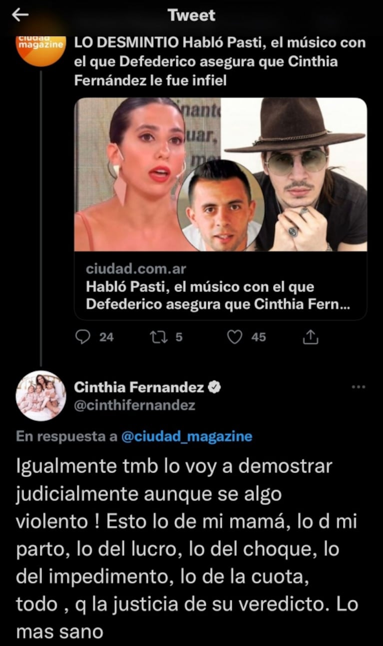 La reacción de Cinthia Fernández ante las declaraciones de Pasti sobre las acusaciones de affaire de Defederico: "Lo voy a demostrar judicialmente"