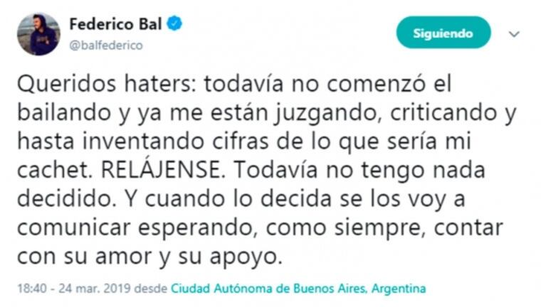 La reacción de Fede Bal al ver un rumor sobre la importante cifra que cobraría para estar en Bailando 2019