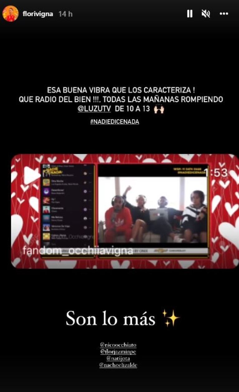 La reacción de Flor Vigna al escuchar a Nico Occhiato hablando al aire de su canción: "Esa buena onda"