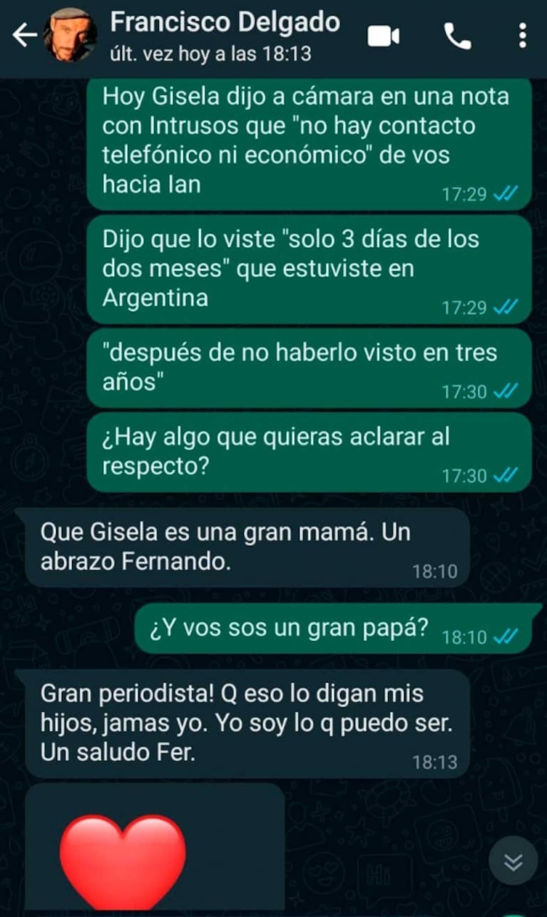 La reacción de Francisco Delgado a la fuerte acusación de Gisela Bernal: "Ella es una gran mamá"