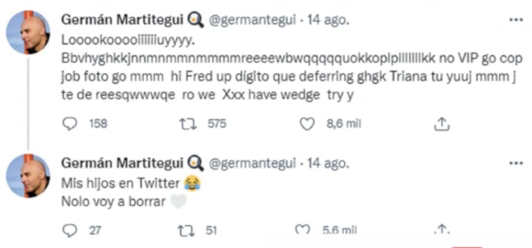 La reacción de Germán Martitegui al mensaje que sus hijos escribieron en su Twitter: "No lo voy a borrar"