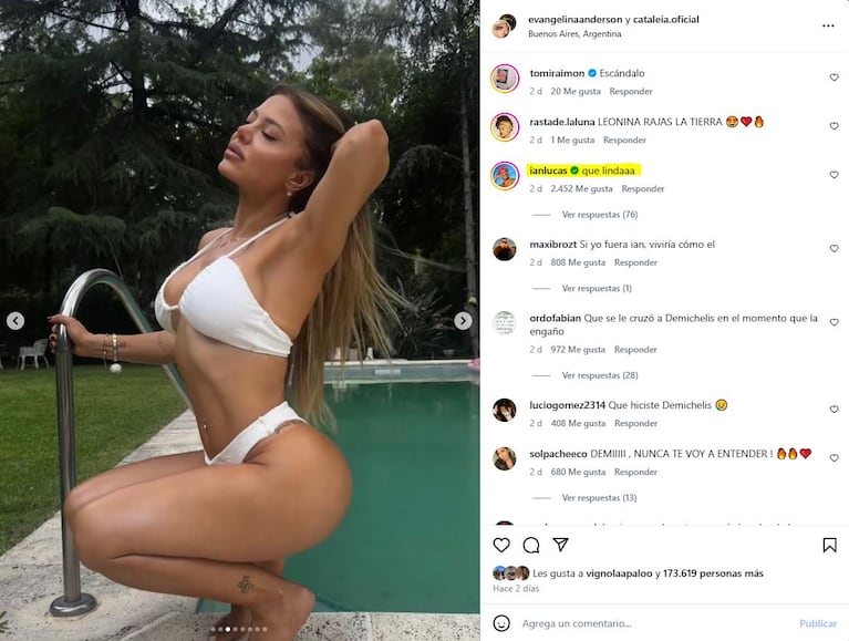 La reacción de Ian Lucas ante la foto en bikini de Evangelina Anderson (Foto: Instagram @evangelinaanderson)