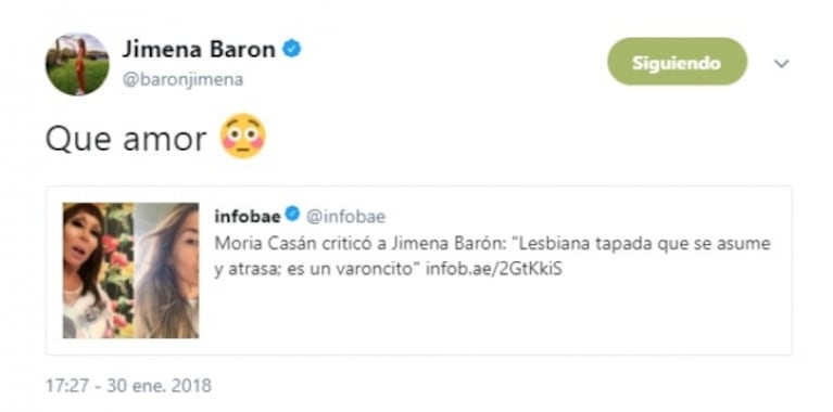 La reacción de Jimena Barón tras las polémicas declaraciones de Moria Casán en Intrusos: "Qué amor"