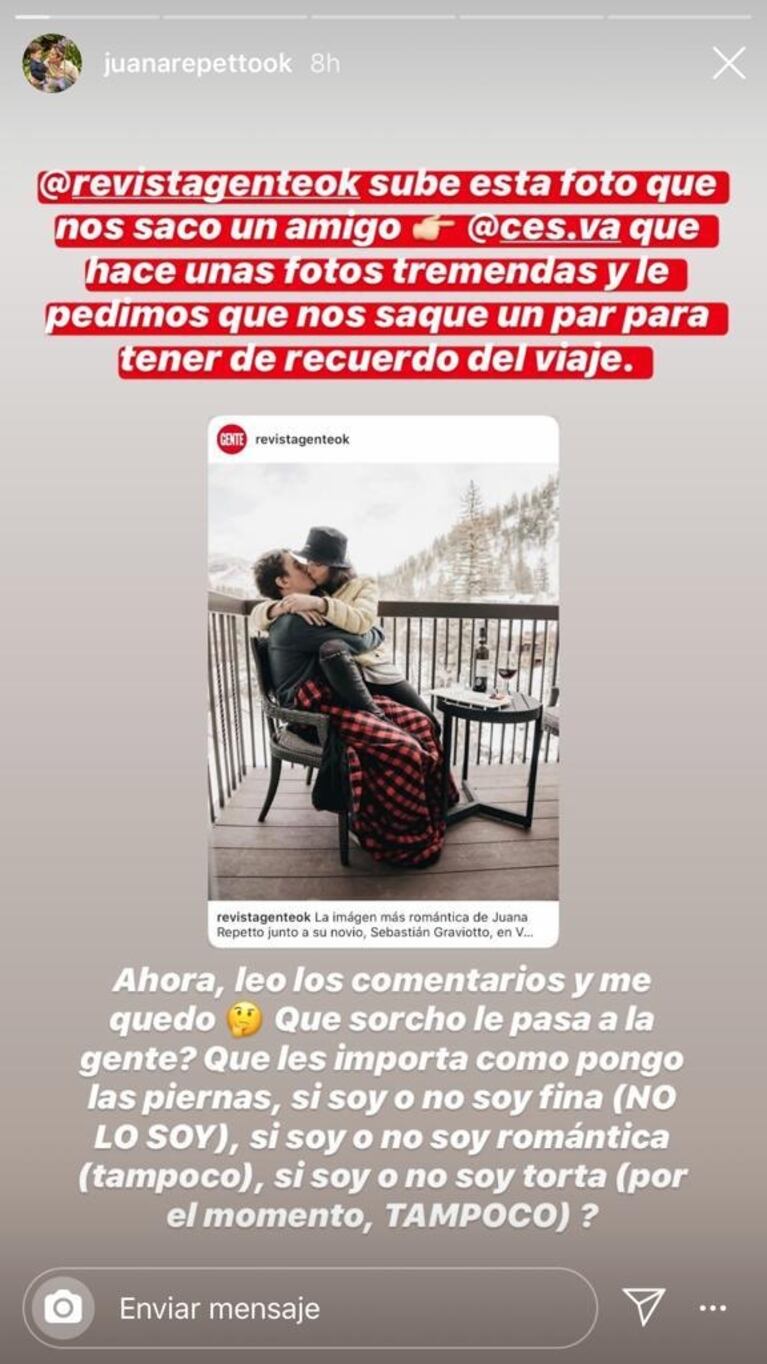 La reacción de Juana Repetto ante las críticas a una foto con su novio: "¿Qué le pasa a la gente?"