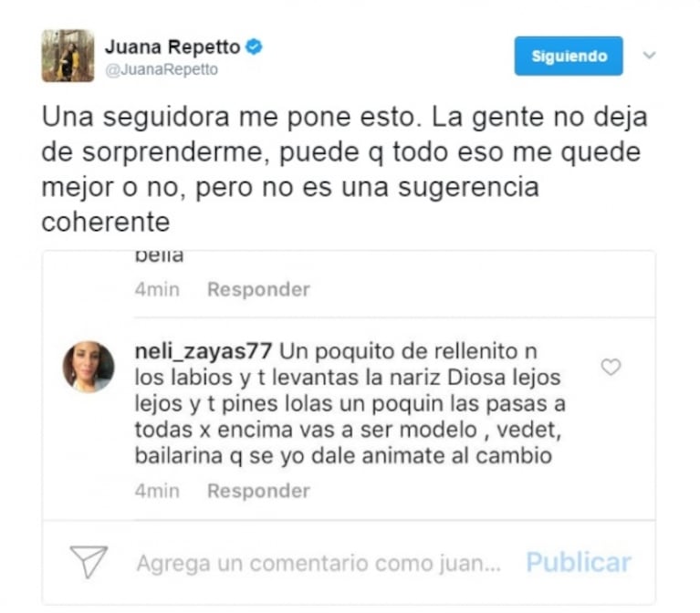 La reacción de Juana Repetto tras un particular consejo estético de una seguidora: "No es una sugerencia coherente"
