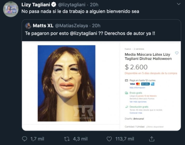 La reacción de Lizy Tagliani al ver que venden una máscara de Halloween con su rostro