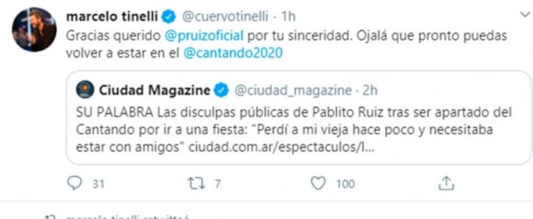La reacción de Marcelo Tinelli ante el pedido de disculpas de Pablito Ruiz por ir a una fiesta clandestina: "Gracias por tu sinceridad"