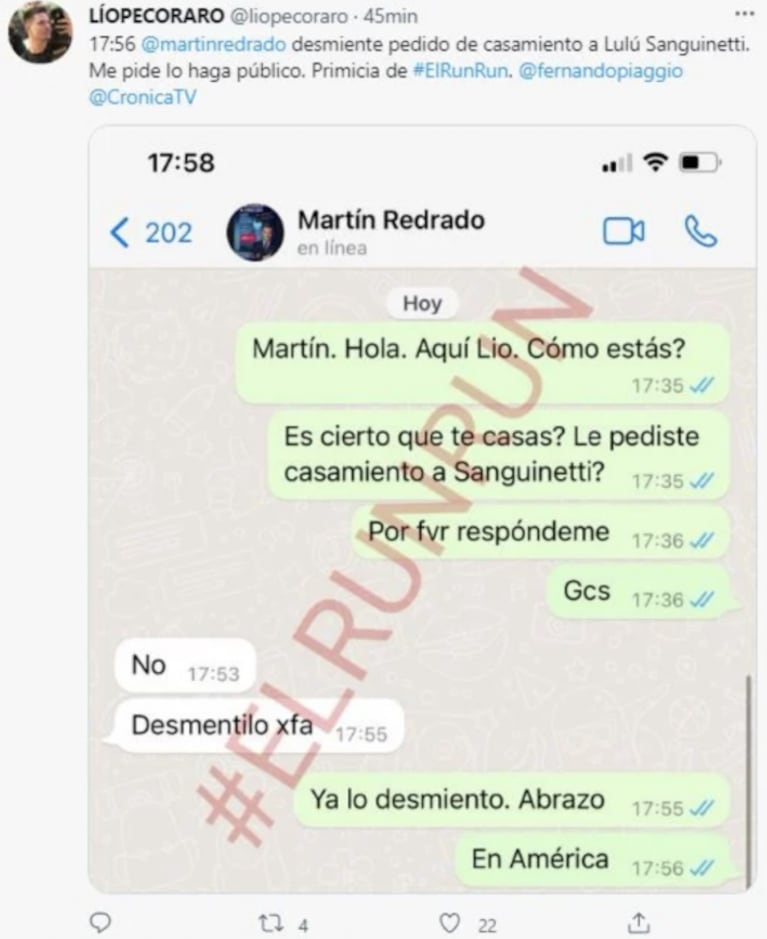 La reacción de Martín Redrado ante la versión de casamiento con Lulú Sanguinetti: "No es cierto" 