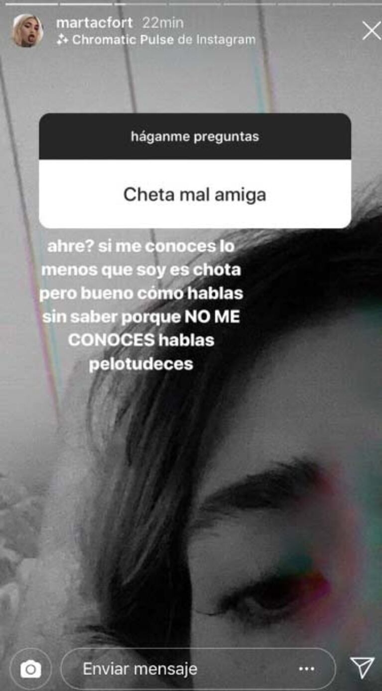 La reacción de Martita Fort cuando un seguidor de Instagram la llamó 'cheta': "Hablás pelotudeces"