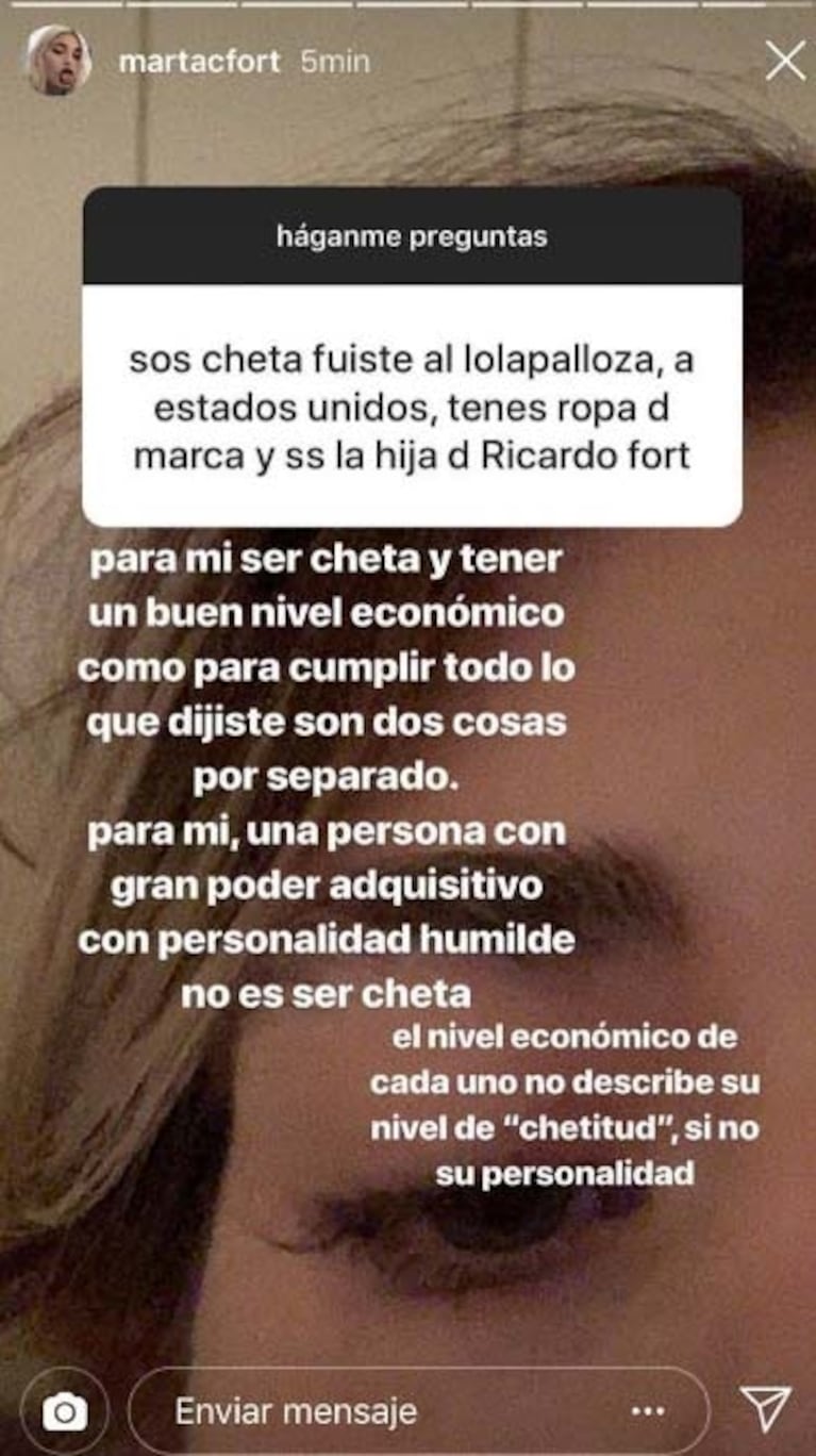 La reacción de Martita Fort cuando un seguidor de Instagram la llamó 'cheta': "Hablás pelotudeces"