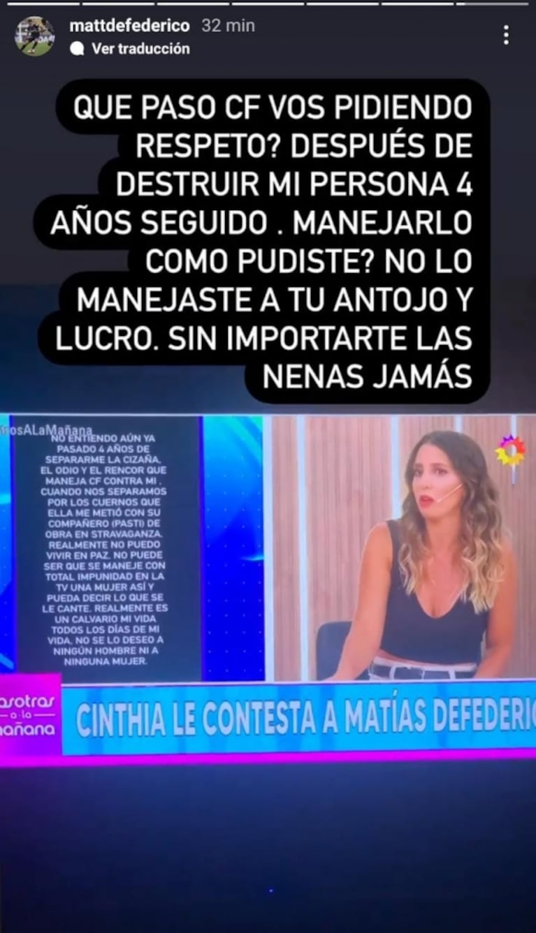 La reacción de Matías Defederico al ver el descargo de Cinthia Fernández: "Lo manejaste a tu antojo, sin importarte las nenas"